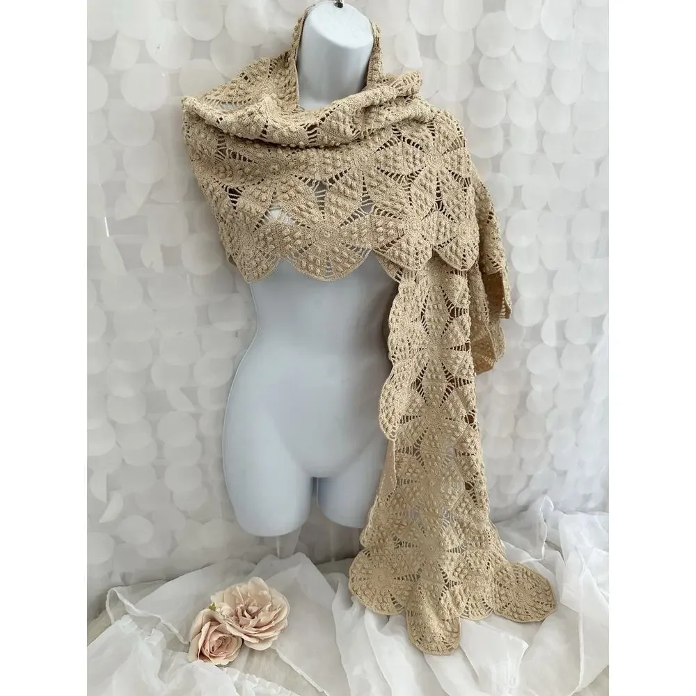 Vintage 60S Beige 100% Cotton HAND CROCHET LACE Pashima Wrap Bride Boho